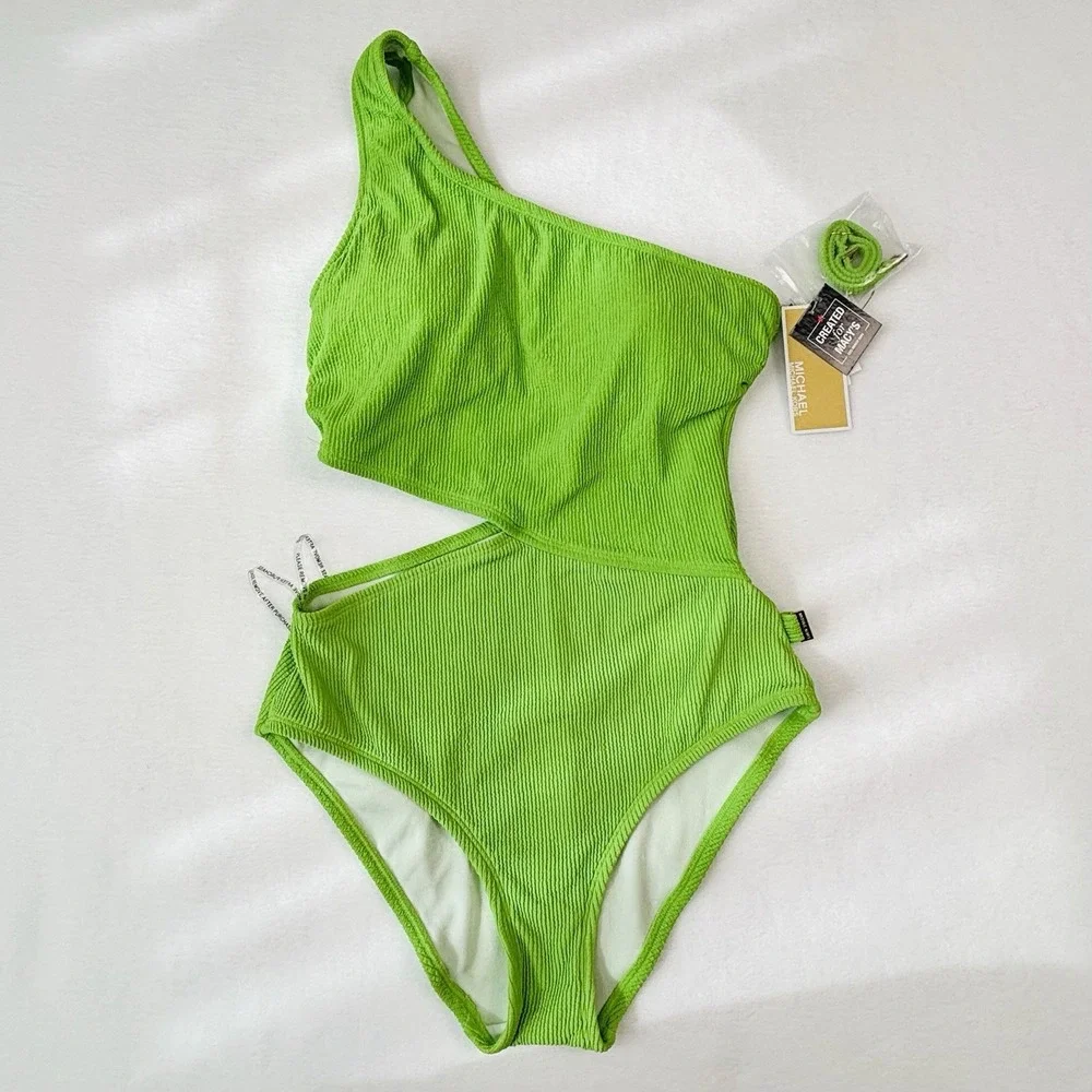 Michael Kors Bright Lime Green 1-Shoulder Side-Cutout 1-Piece Swimsuit Ribbed 10